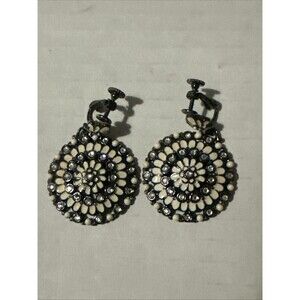 Vintage Joan Rivers Screw Back Floral Dangle Enamel Earrings Black White